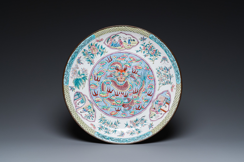 A Chinese Canton enamel 'dragon' dish, Kangxi mark, Qianlong