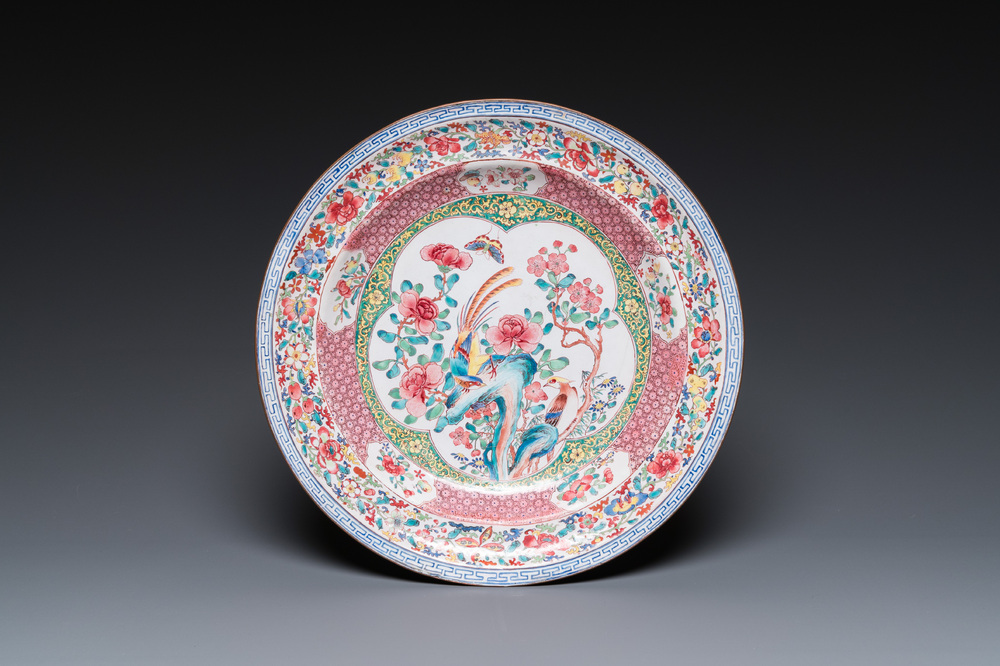 A Chinese Canton enamel 'pheasants' dish, Yongzheng