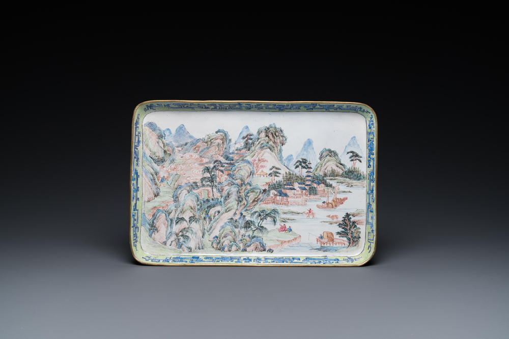 A rectangular Chinese Canton enamel 'mountain landscape' tray, Yongzheng