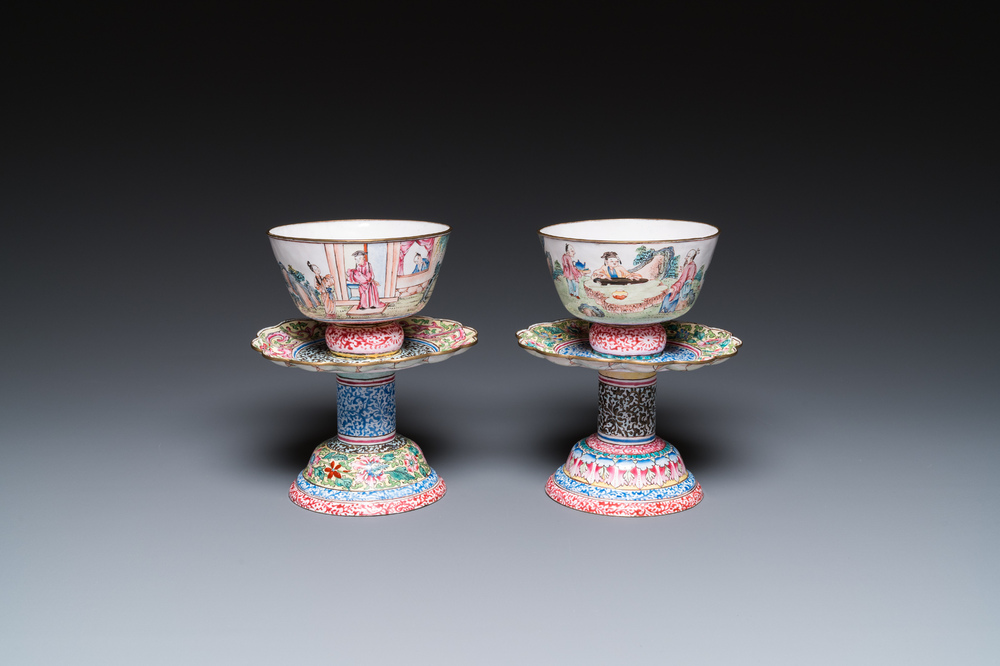 A pair of Chinese Canton enamel marriage bowls on stems, Yongzheng