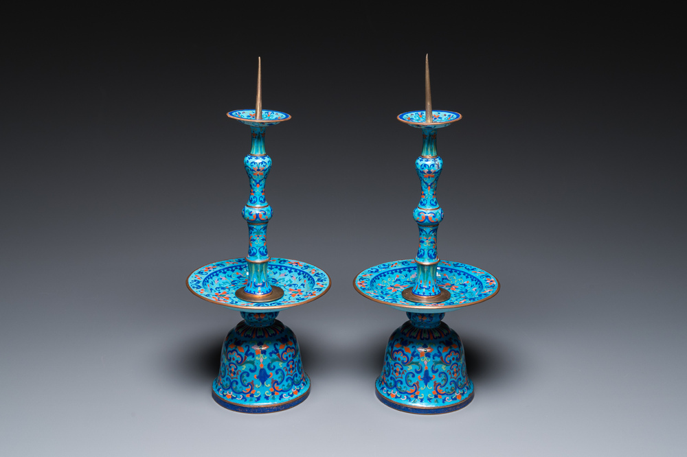 A pair of Chinese light-blue-ground Canton enamel candlesticks, Yongzheng