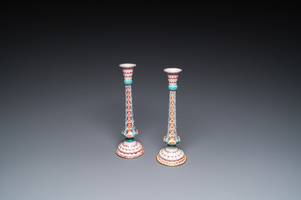 A pair of Chinese Canton enamel 'lotus' candlesticks, Yongzheng