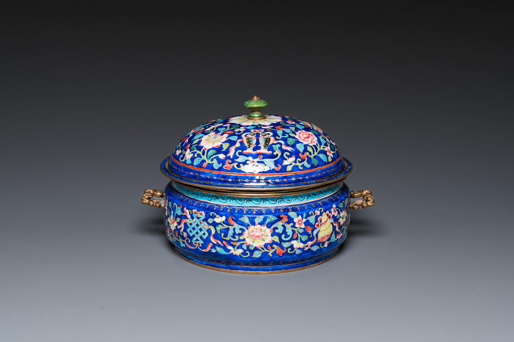 A Chinese Canton enamel three-piece warming bowl, Qianlong