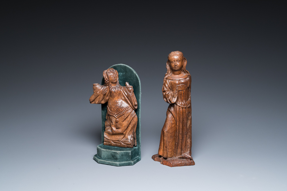 Two wood sculptures of Saint Cecilia and Mary Magdalene, Flanders and Germany, 16th C.