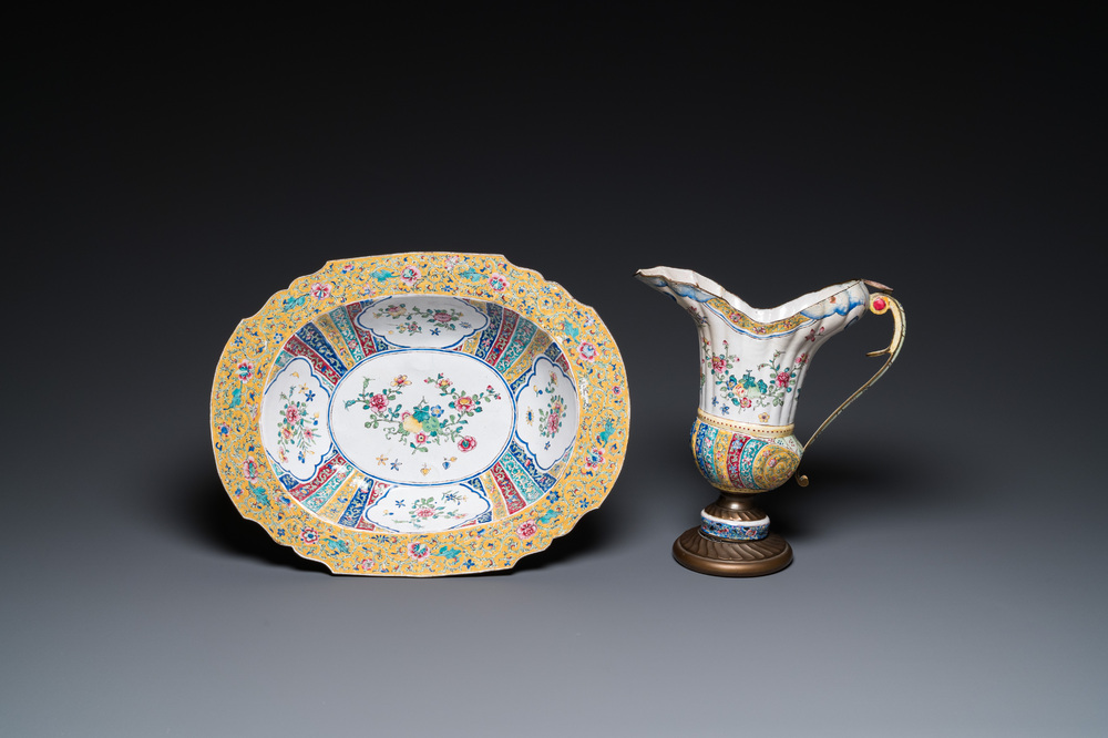 A Chinese Canton enamel helm-shaped ewer with shell-shaped basin, Qianlong