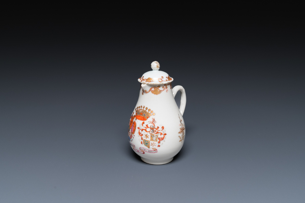 A Chinese famille rose armorial jug and cover with the arms of De Riet and Bouillon for the Dutch market, Qianlong