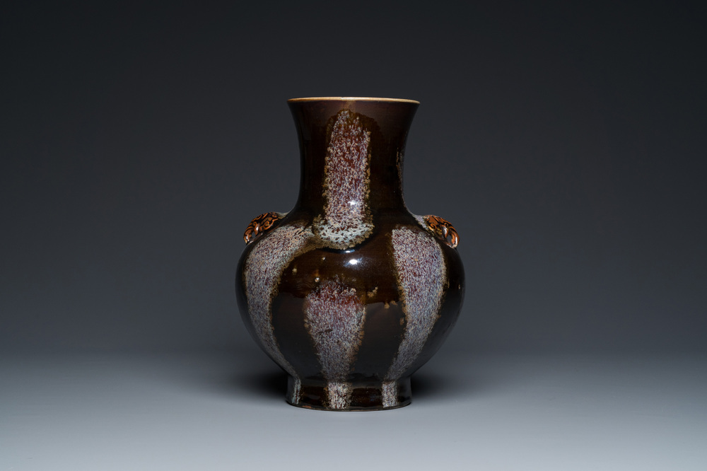 A Chinese brown-flamb&eacute;-glazed 'hu' vase, Kangxi mark, 19th C.