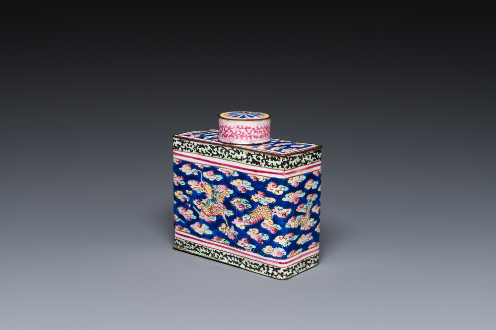 A Chinese rectangular Canton enamel tea caddy and cover, Qianlong