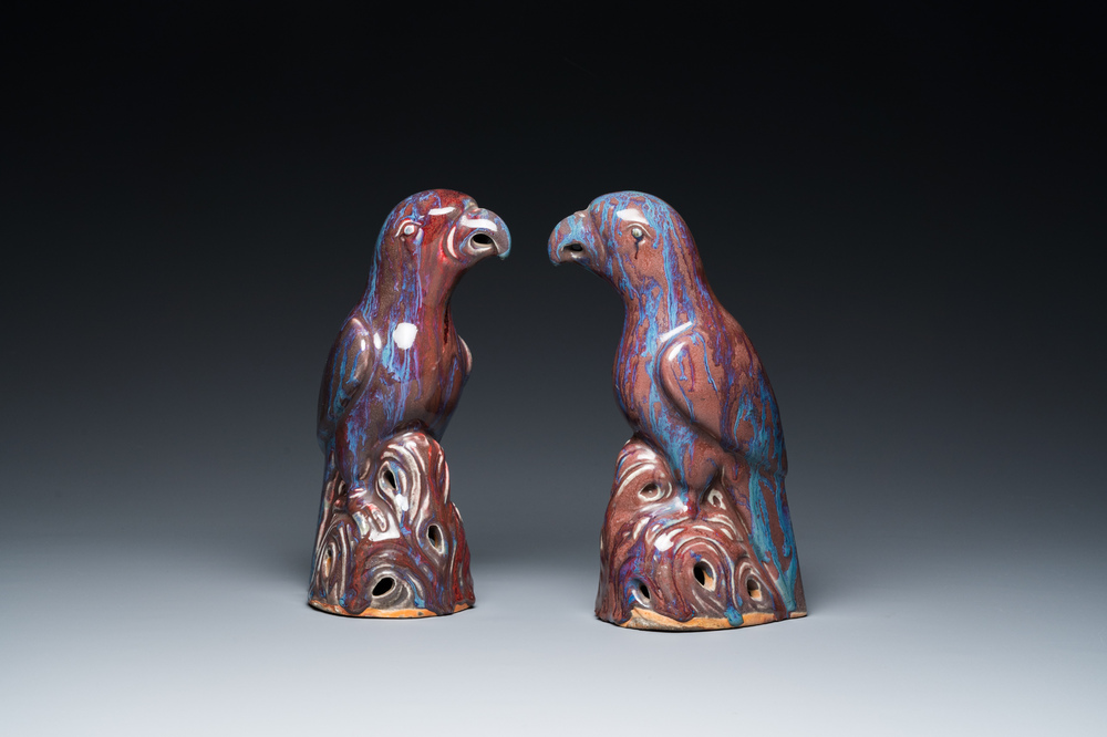 A pair of Chinese flamb&eacute;-glazed birds, 19th C.