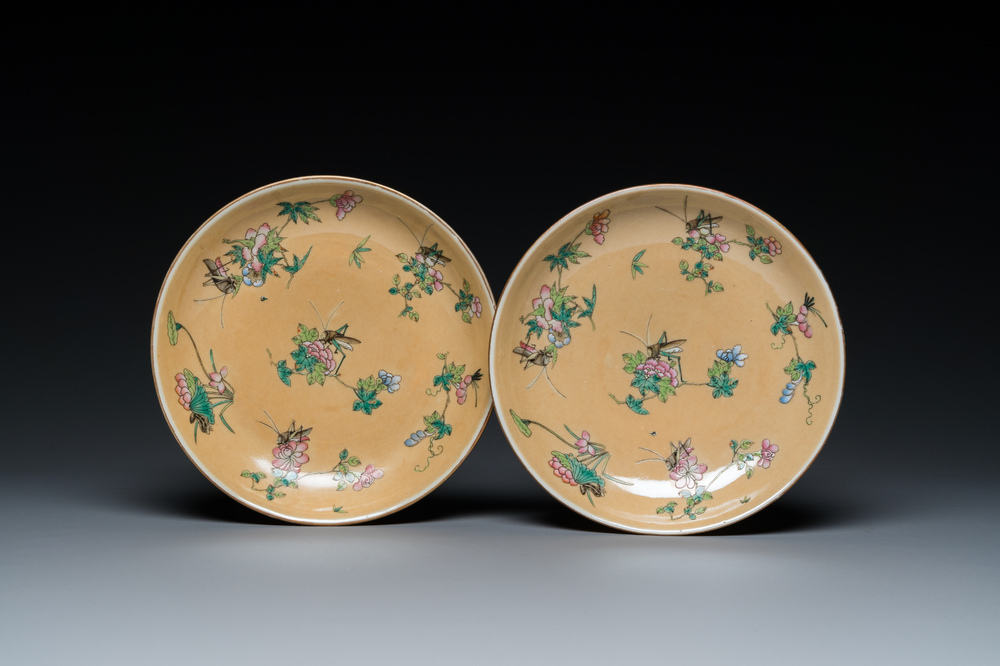 A pair of Chinese caf&eacute;-au-lait-ground famille rose 'grasshopper' plates, Daoguang mark and of the period