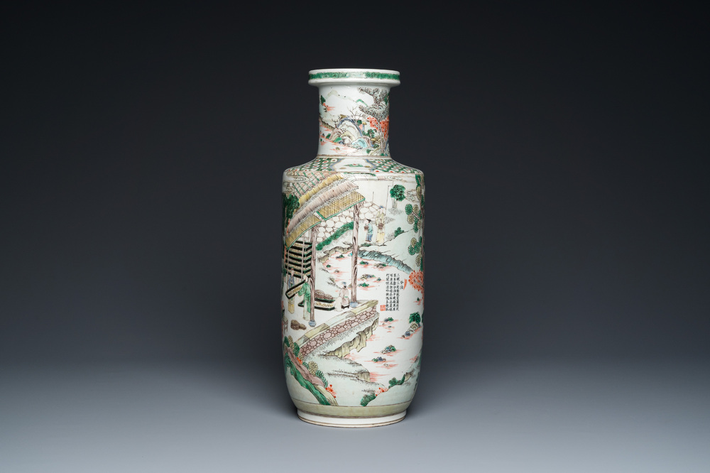 A fine Chinese famille verte rouleau 'rice production' vase, 19th C.