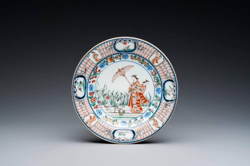 A Japanese Imari 'Parasol Ladies' dish after Cornelis Pronk, Edo, 18th C.