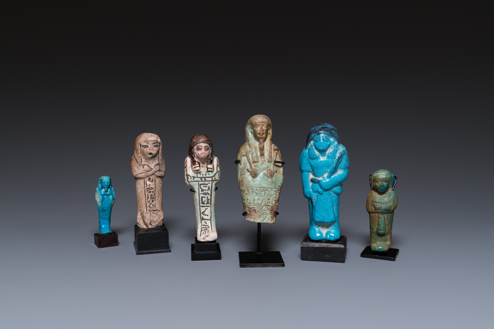 Six Egyptian green- and turquoise-glazed frit ushabtis, Late Period