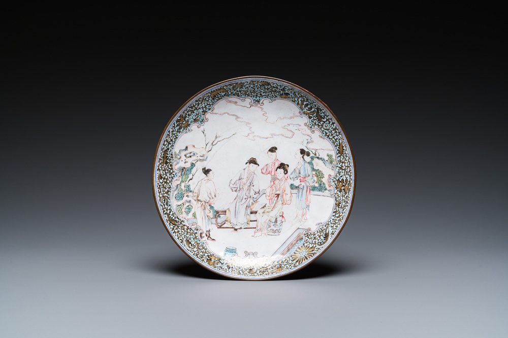 A Chinese Canton enamel 'flute players' dish with ruby edge on the back, Yongzheng