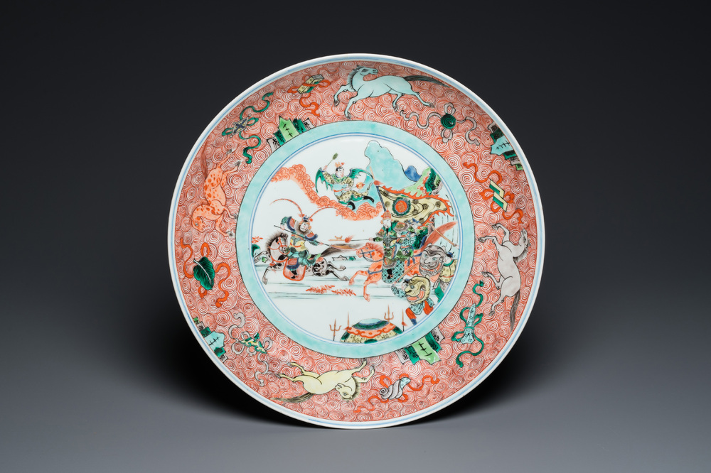 A large Chinese famille verte 'horseriders' dish, Kangxi mark, 19th C.