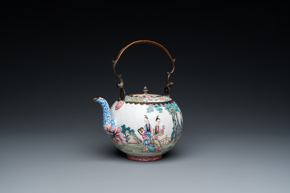 A Chinese Canton enamel teapot and cover, Qianlong