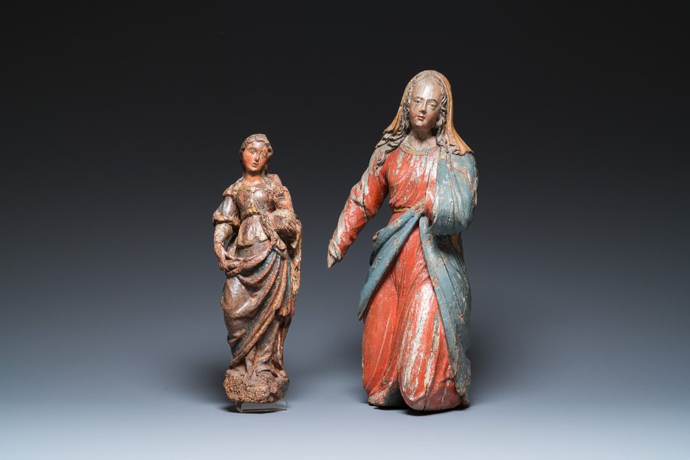 Two polychromed wood sculptures of Mary, 16th C.