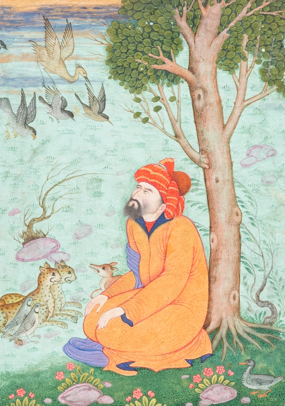 Ecole indienne, miniature: 'Homme assis entour&eacute; d'animaux'