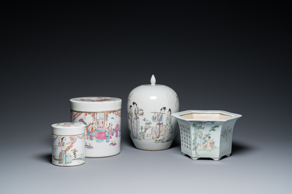 Four Chinese famille rose and qianjiang cai porcelain wares, 19/20th C.