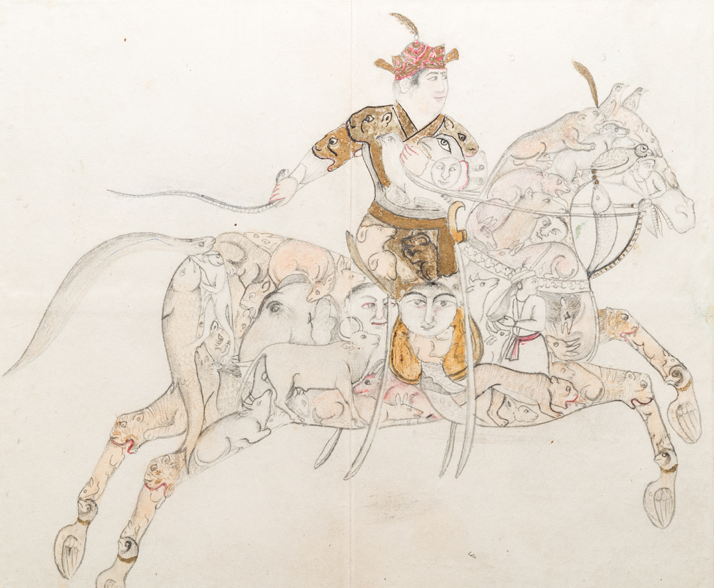 Indian school, miniature: 'Warrior riding a horse containing animals and human heads'