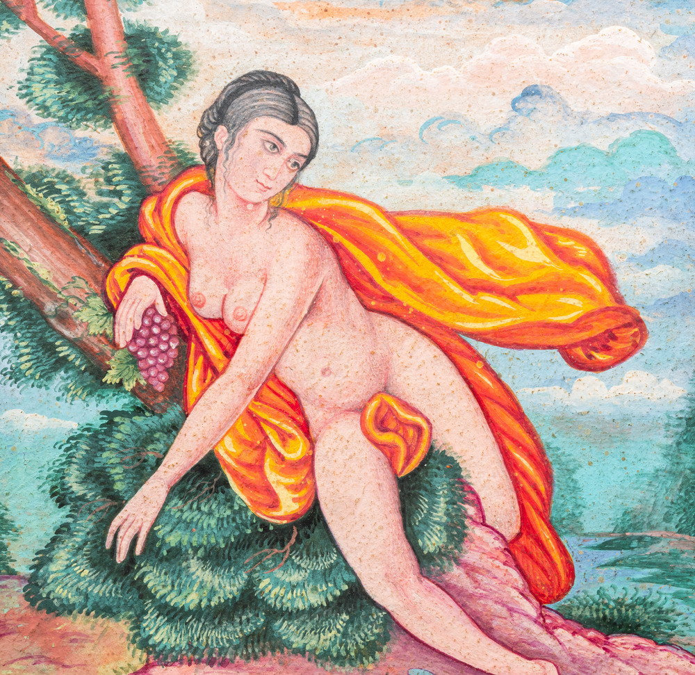 Qajar school, miniature: 'Portrait of a naked lady representing fertility and the woman as the source of life'