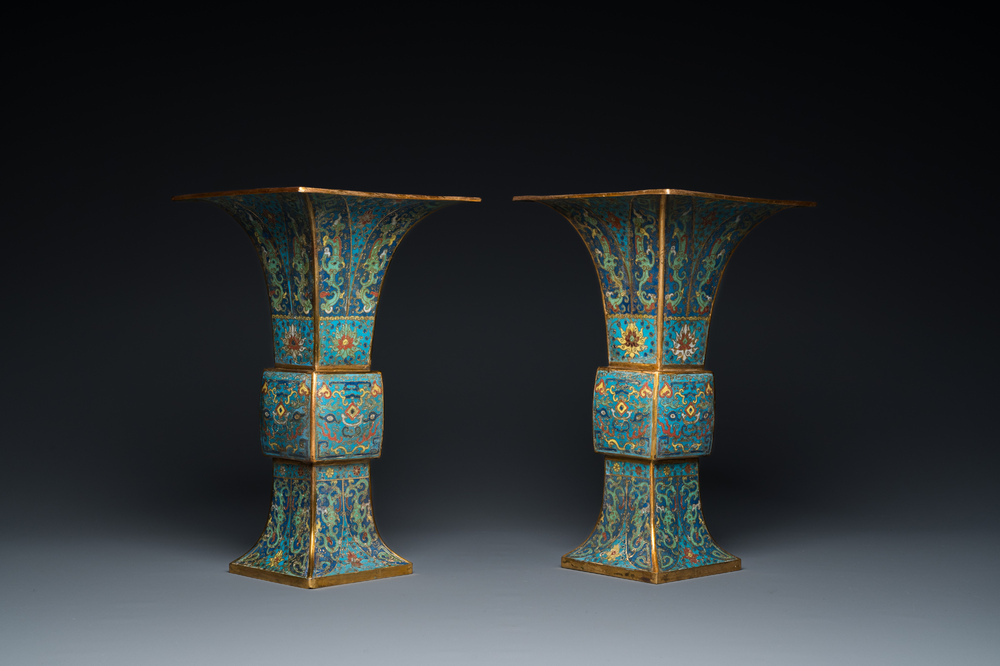 A pair of Chinese cloisonn&eacute; 'gu' vases, Kangxi