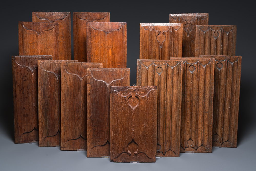 A collection of 15 carved wooden linenfold panels, mostly Flanders, 14/16th C.