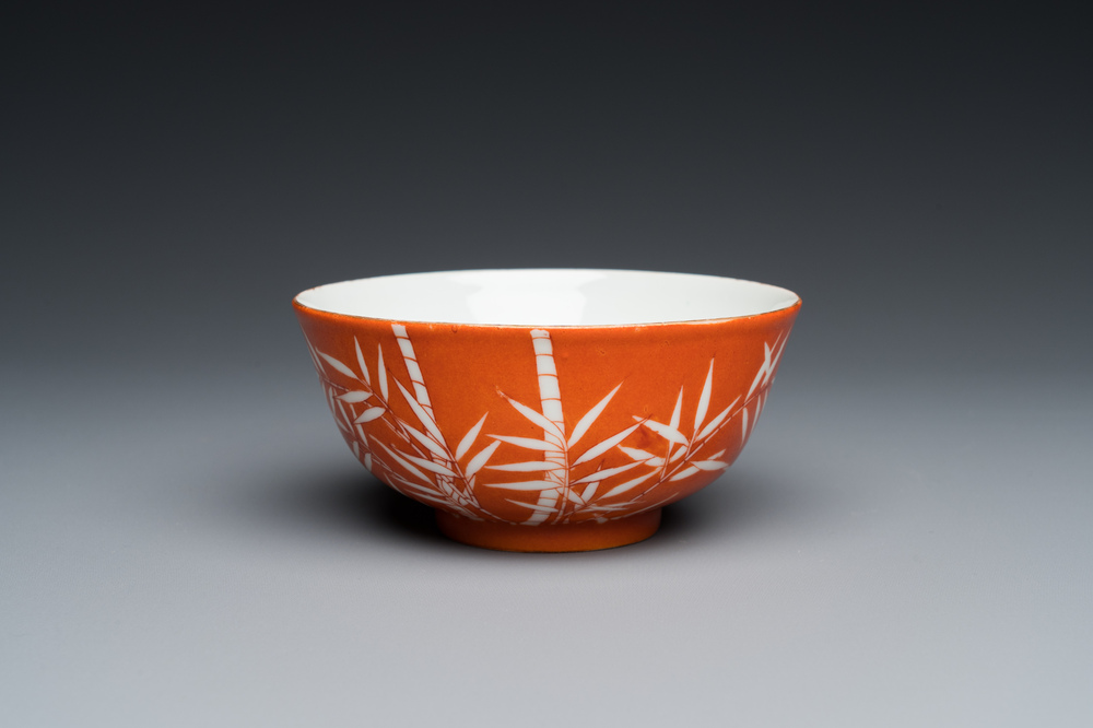 A Chinese coral-ground reserve-decorated 'bamboo' bowl, Xuantong mark, 20th C.