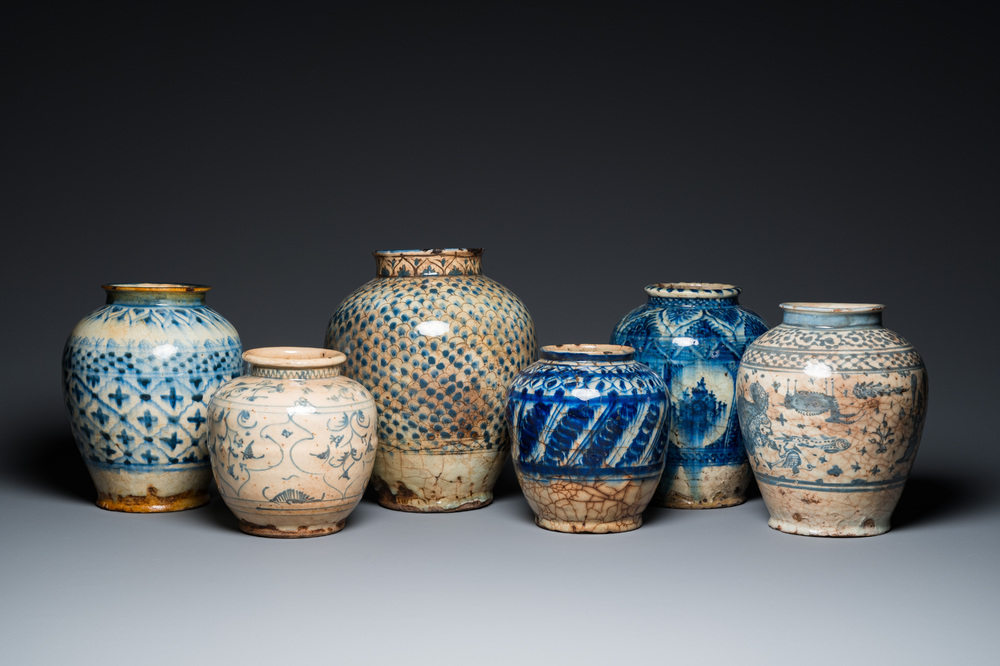 Six blue and white Islamic pottery storage jars, Persia, 17/19th C.