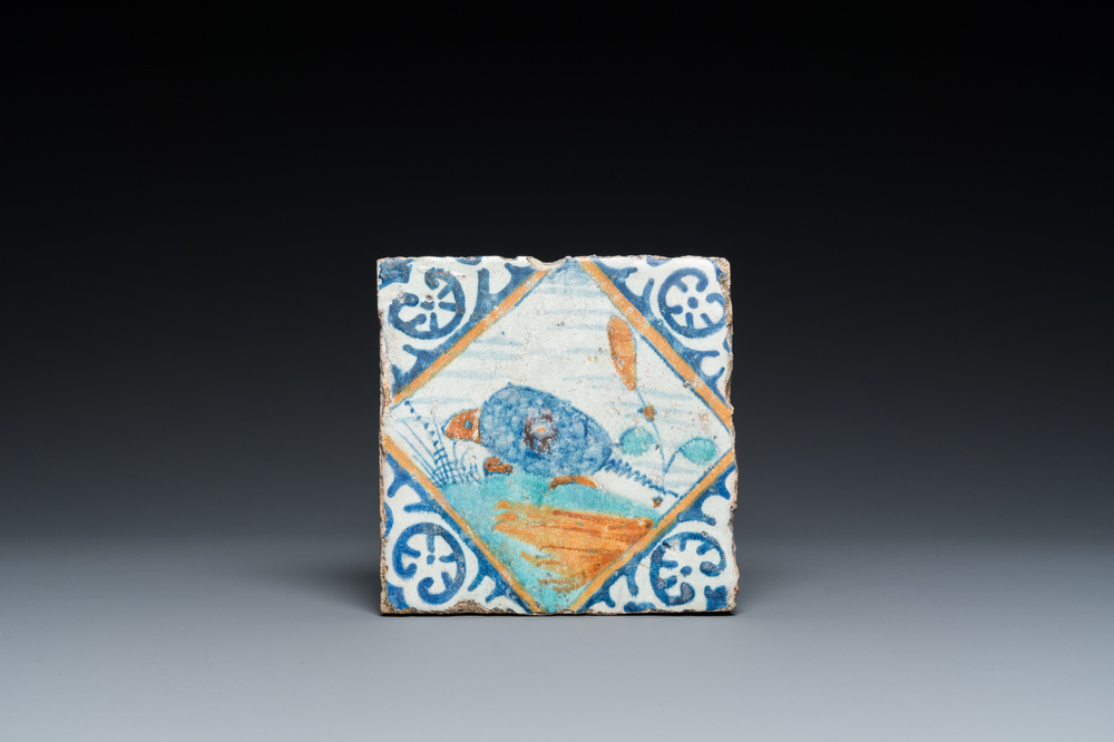 A polychrome maiolica tile with an armadillo, Antwerp or Middelburg, late 16th C.