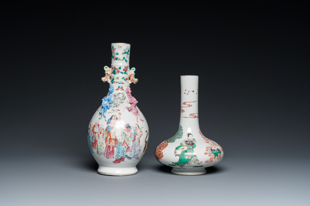 A Chinese famille rose '18 Luohan' bottle vase and a famille verte vase, Kangxi mark, 19th C.