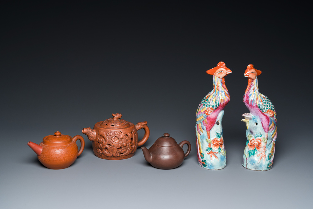 Three Chinese Yixing stoneware teapots with covers and a pair of famille rose pheasants, 19/20th C.