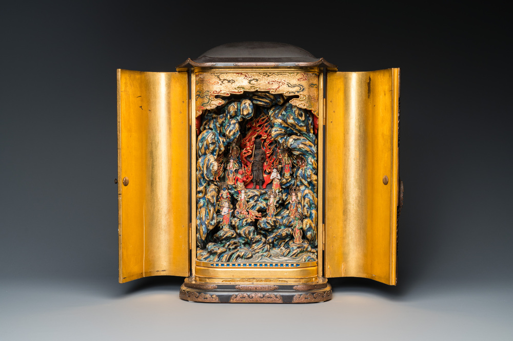 A Japanese Fudō Myōō zushi shrine in partly gilded, lacquered and painted wood, Edo, 18/19th C.