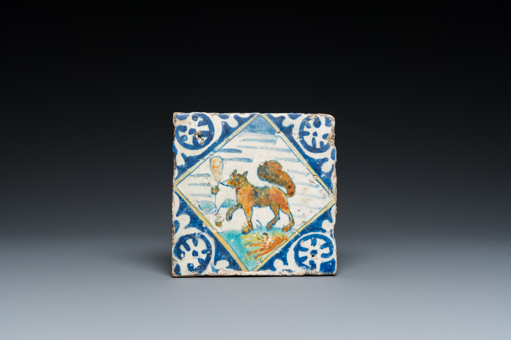 A polychrome maiolica tile with a fox, Antwerp or Middelburg, late 16th C.