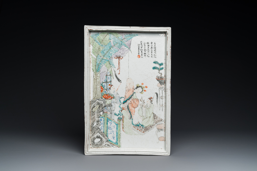 Plateau rectangulaire en porcelaine de Chine qianjiang cai, sign&eacute; Xu Jinchang 徐金昌, dat&eacute; 1889