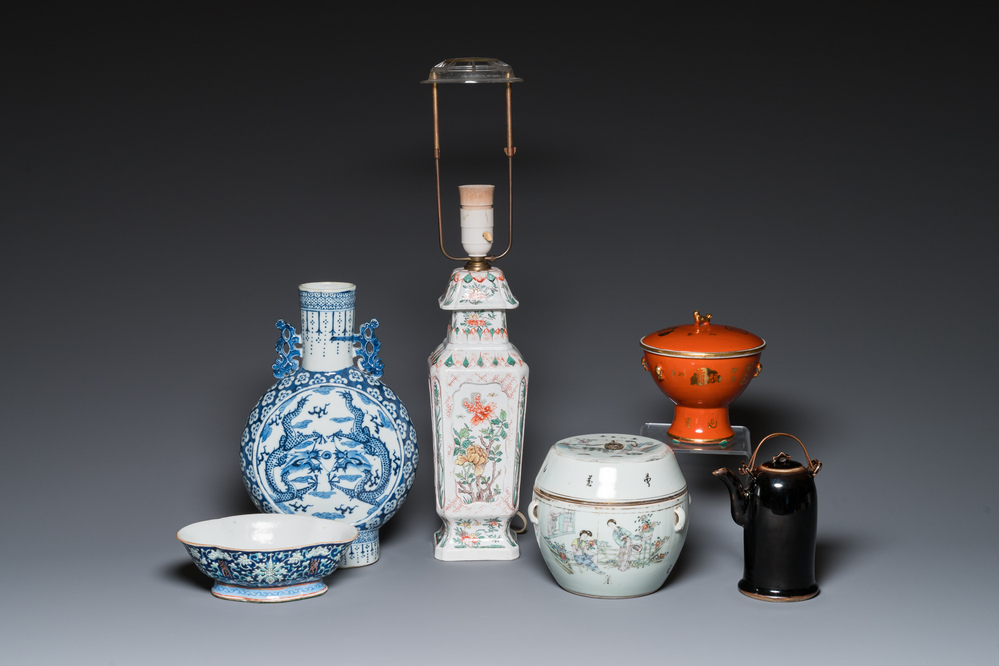 Six various Chinese porcelain wares, Qing and Republic