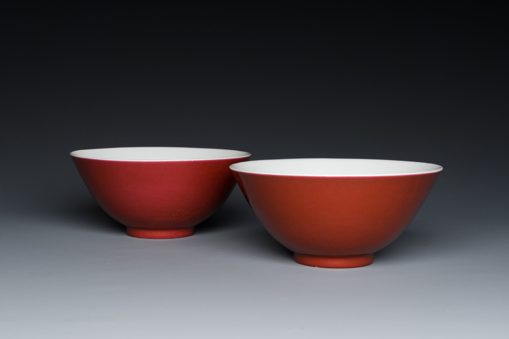A pair of Chinese monochrome ruby-glazed bowls, Guangxu mark and of the period