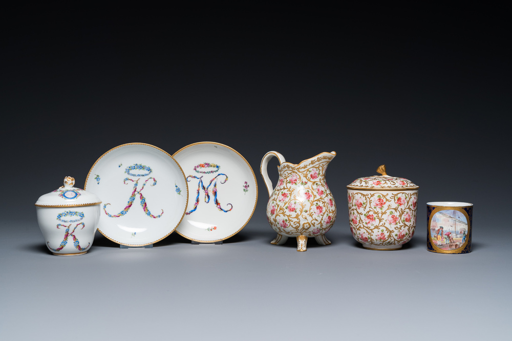 A Meissen porcelain covered bowl and two saucers, a S&egrave;vres-style milk jug, a covered bowl and a cup, Germany and France, 19/20th C.