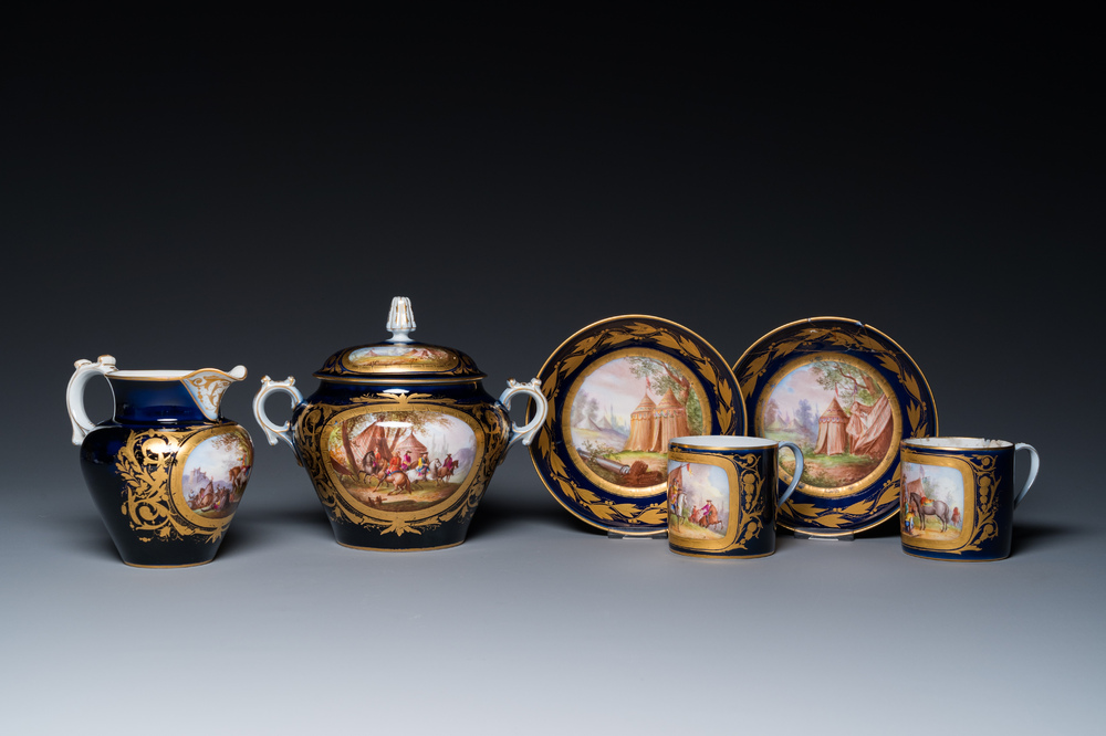 A French blue-ground S&egrave;vres-style 6-piece tea service, 19th C.
