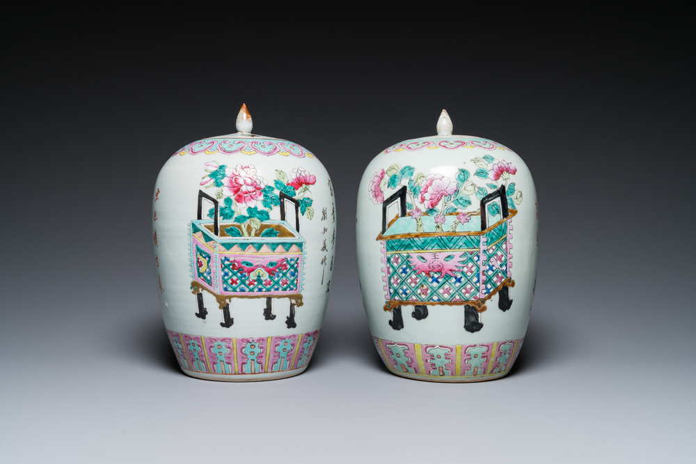 Two Chinese famille rose jars and covers with censers holding flowers, 19th C.