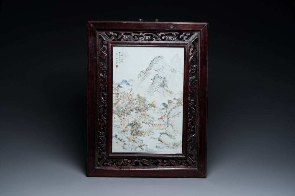 A Chinese rectangular qianjiang cai 'mountainous landscape' plaque in the style of Cheng Men, 19th C.