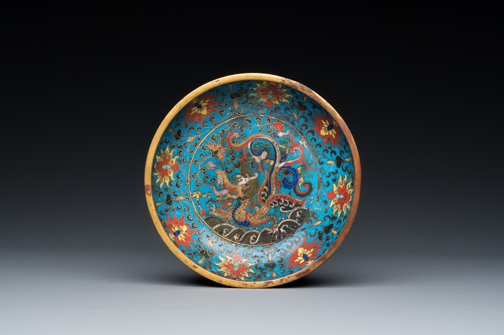 A Chinese cloisonn&eacute; 'dragon' brush washer, Qianlong mark but probably later