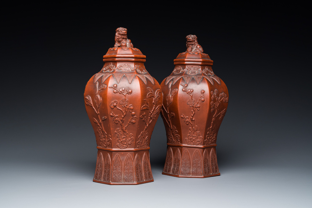 An extremely rare pair of Chinese Yixing stoneware octagonal vases and covers, Kangxi