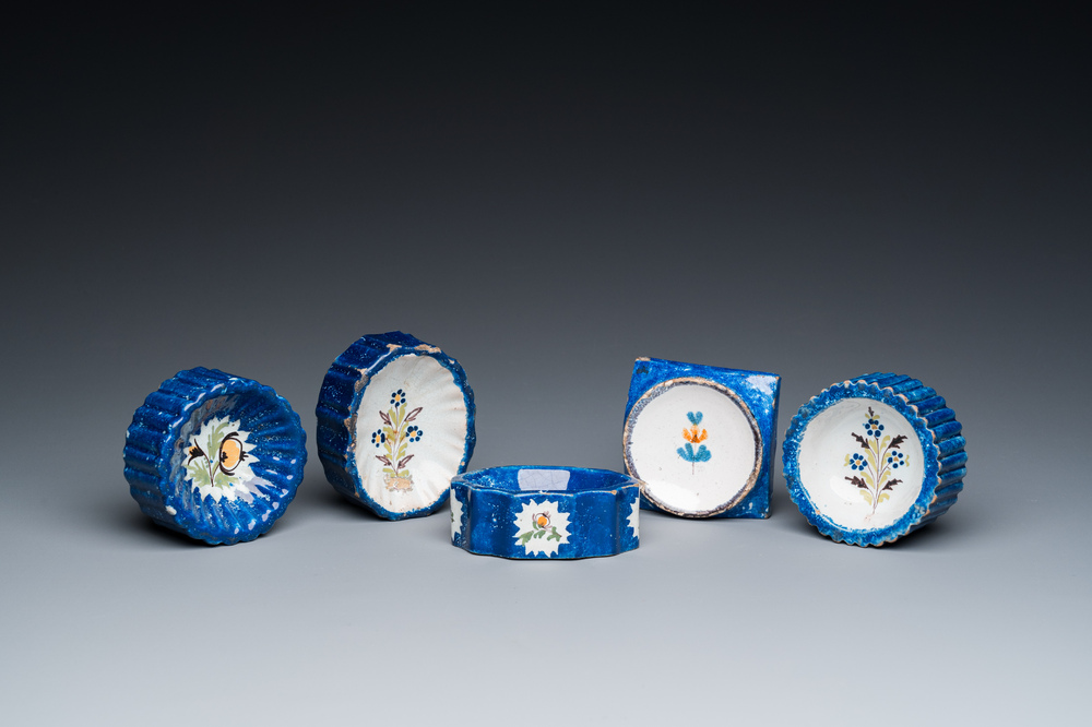 Five polychrome Brussels faience salts, 18/19th C.