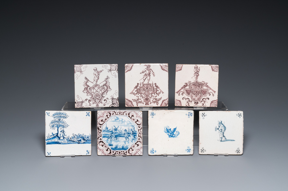 Seven Dutch Delft blue, white and manganese tiles, incl. three from the Aalmis workshop in Rotterdam, 17/18th C.