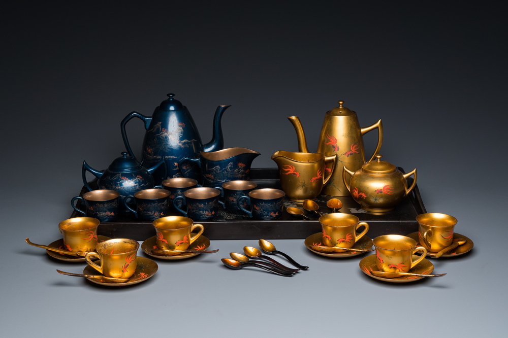 Two Chinese Fuzhou or Foochow lacquer coffee services, Republic