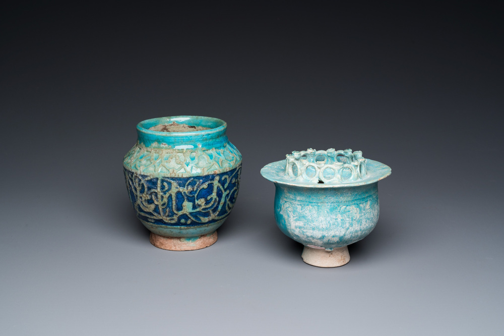 A turquoise-glazed Kashan bowl and a jar with calligraphic design, Persia, 13th C. and later