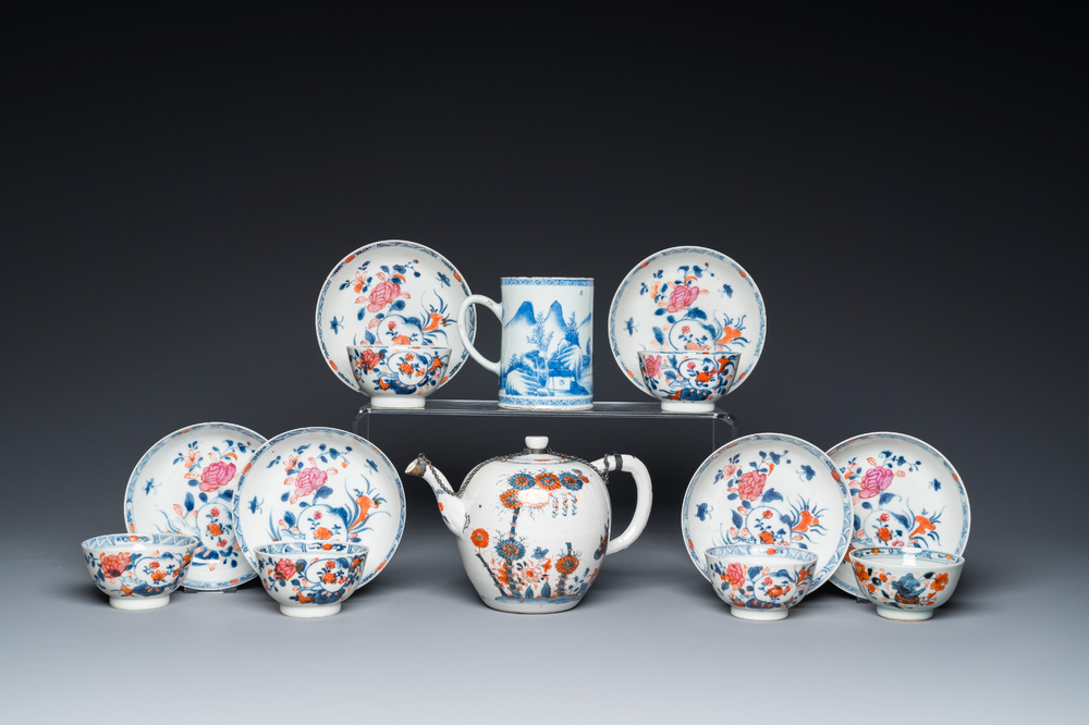 Six Chinese famille rose cups and saucers, an Imari-style teapot and a blue and white mug, Kangxi/Qianlong