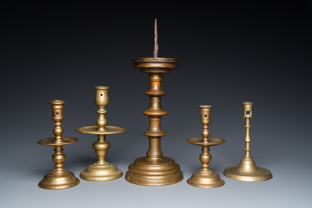 Five bronze and brass candlesticks, Flanders and The Netherlands, 15th C. and later