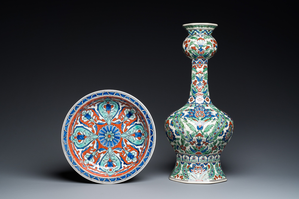 A large Iznik-style vase and a dish, Boch Fr&egrave;res K&eacute;ramis and Nimy, 1st half 20th C.